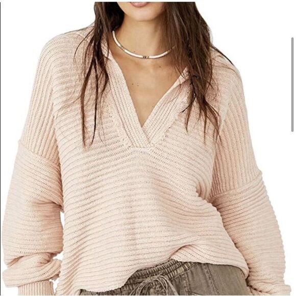Free People Marlie Pullover Collared Deep V Chunky Knit Sweater Pink Women’s XS - Picture 1 of 16